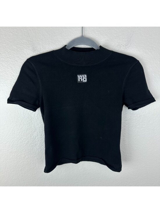 Alexander Wang Black Mock Neck Short Sleeve Ribbed Knit Top XS Soft Solid Basic
